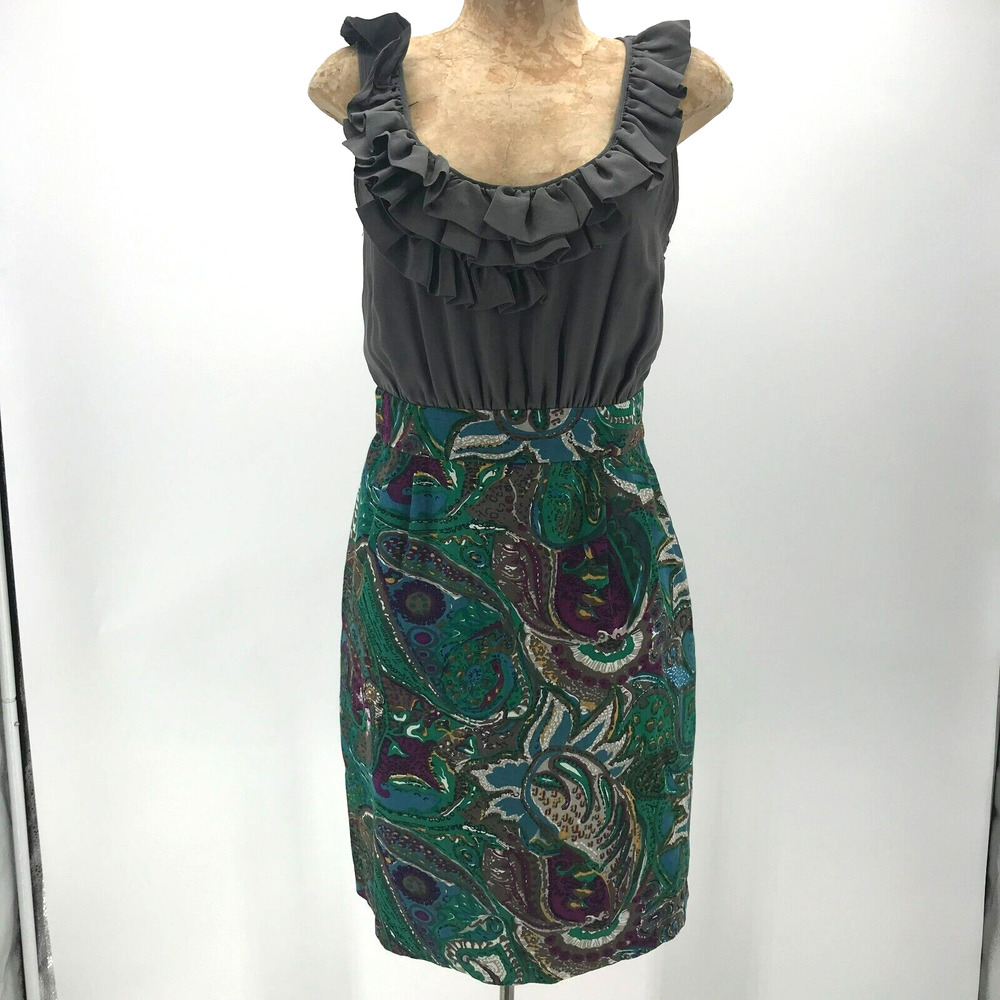 Vintage Anthropologie Maeve Dress Womens 6 Gray Silk Green Paisley Sheath Pocket